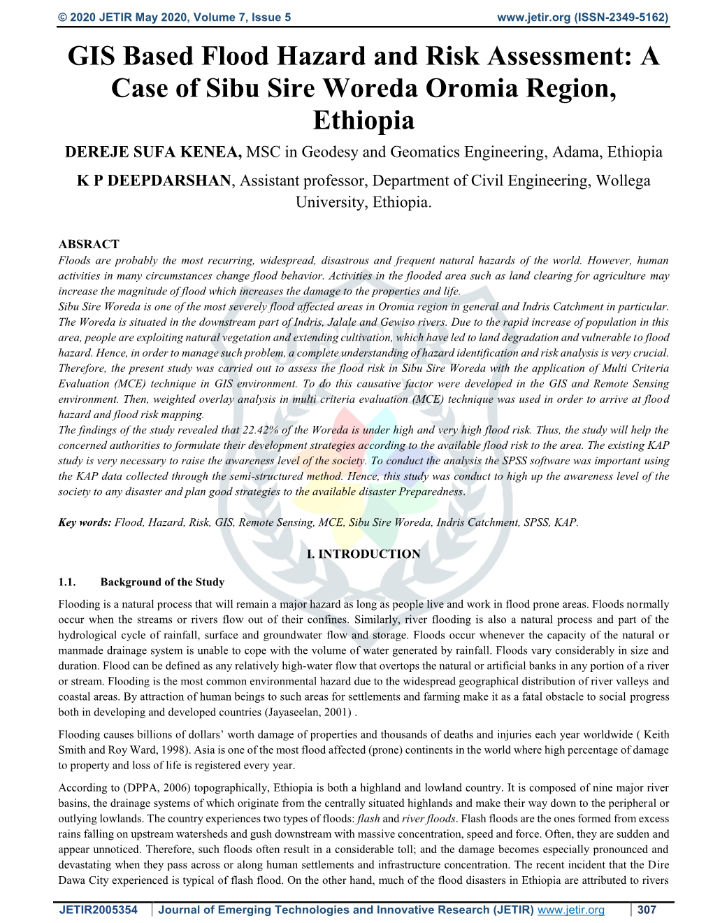 GIS Based Flood Hazard and Risk Assessment: a Case of Sibu Sire Woreda, Oromia Region, Ethiopia