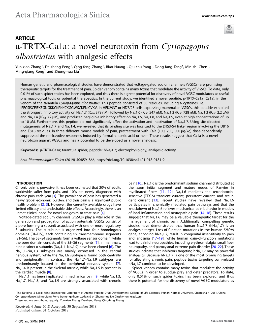 Μ-TRTX-Ca1a: a Novel Neurotoxin from Cyriopagopus Albostriatus with Analgesic Effects