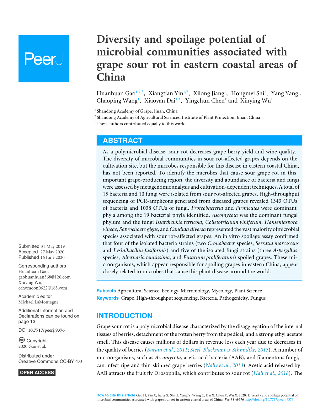 Diversity and Spoilage Potential of Microbial Communities Associated with Grape Sour Rot in Eastern Coastal Areas of China