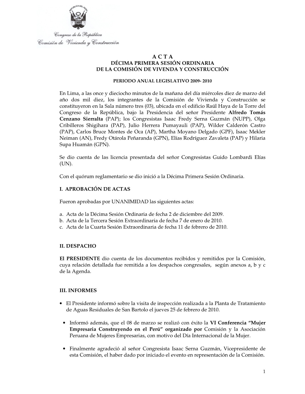 A C T a Décima Primera Sesión Ordinaria De La Comisión De Vivenda Y Construcción