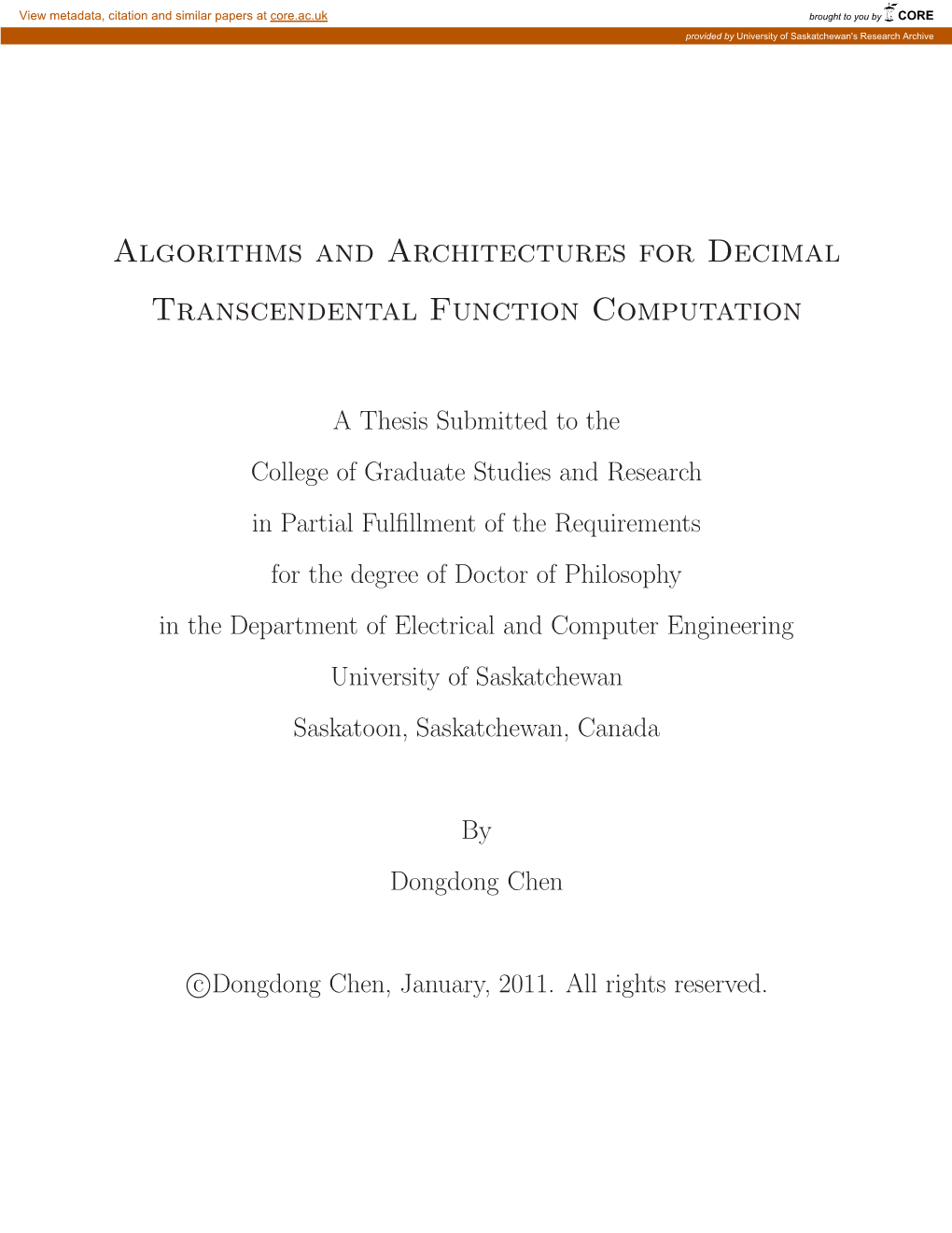 Algorithms and Architectures for Decimal Transcendental Function Computation