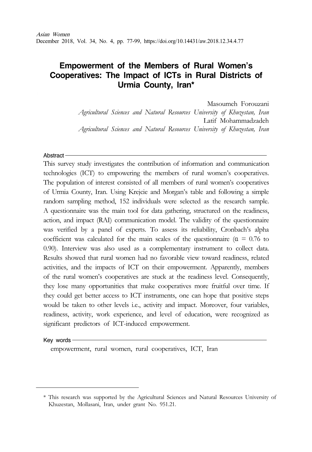 Empowerment of the Members of Rural Women's Cooperatives: the Impact of Icts in Rural Districts of Urmia County, Iran*