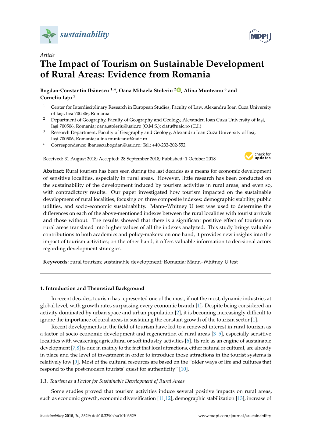 The Impact of Tourism on Sustainable Development of Rural Areas: Evidence from Romania