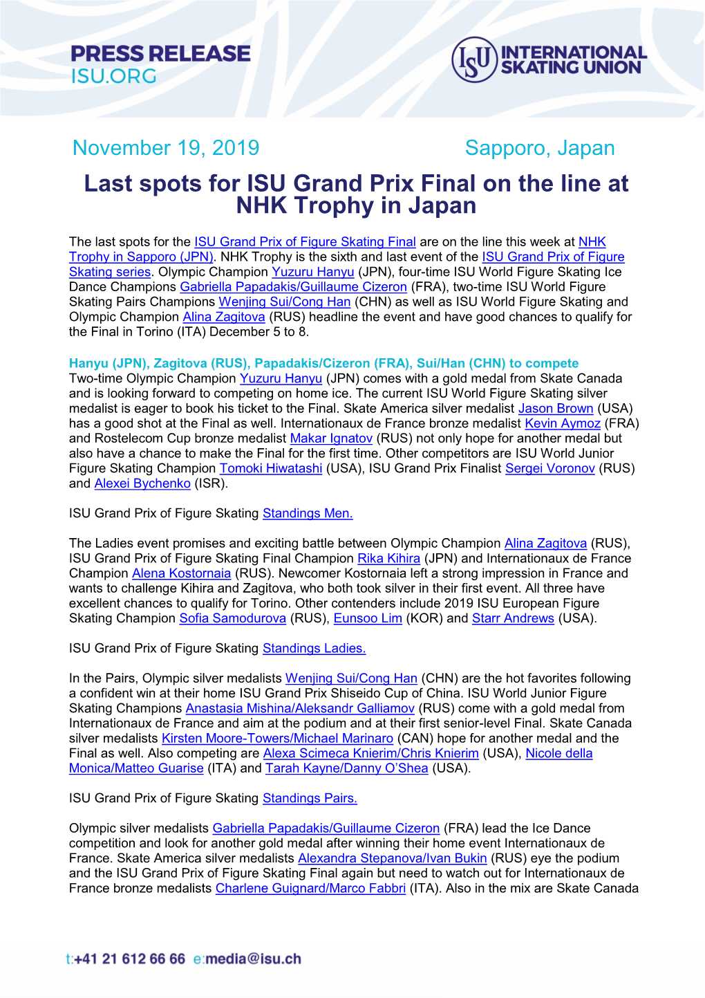 Last Spots for ISU Grand Prix Final on the Line at NHK Trophy in Japan