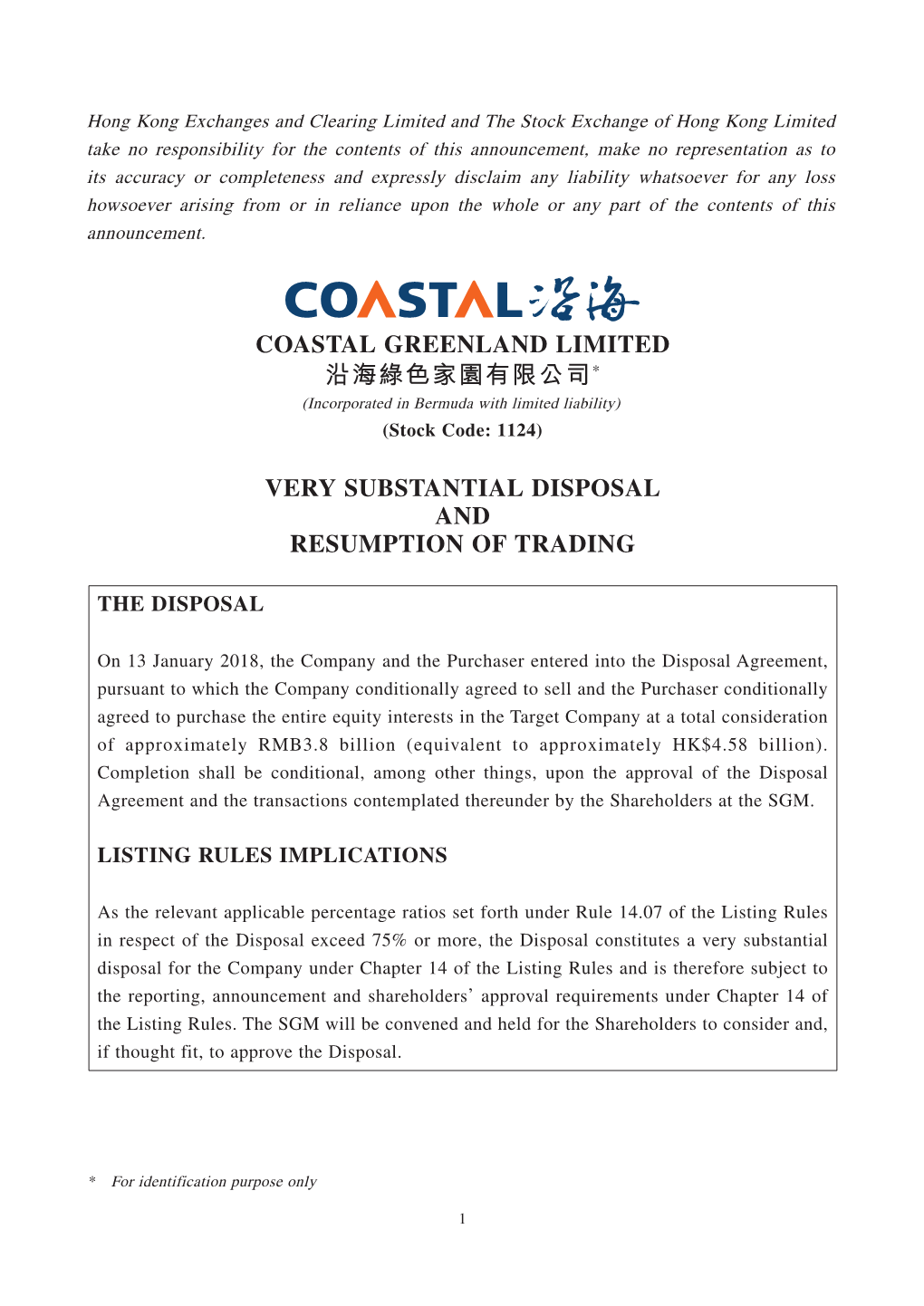 COASTAL GREENLAND LIMITED 沿海綠色家園有限公司* (Incorporated in Bermuda with Limited Liability) (Stock Code: 1124)