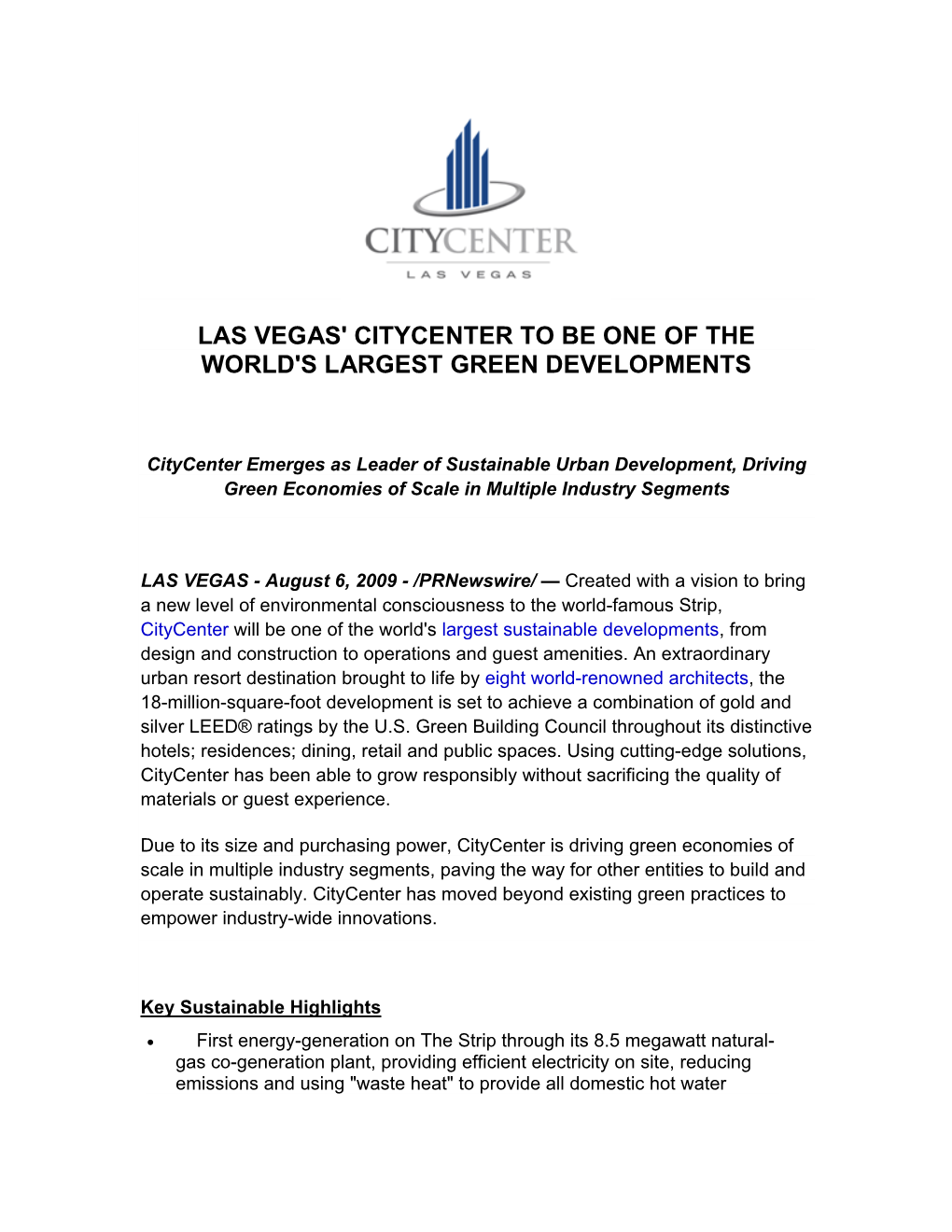 Las Vegas' Citycenter to Be One of the World's Largest Green Developments