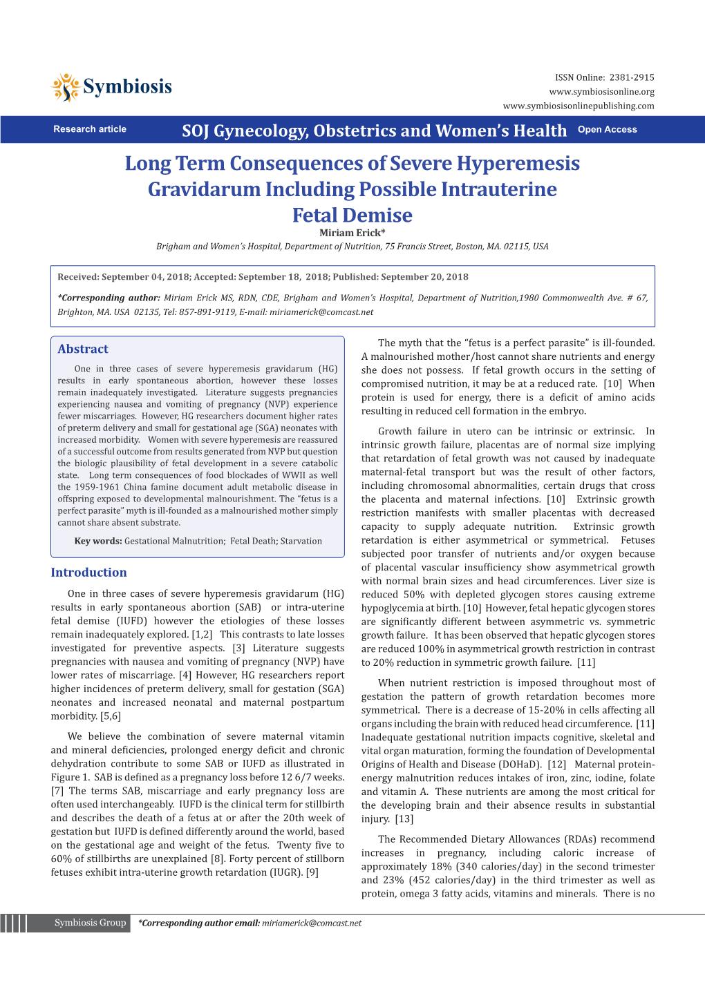 Long Term Consequences of Severe Hyperemesis Gravidarum Including