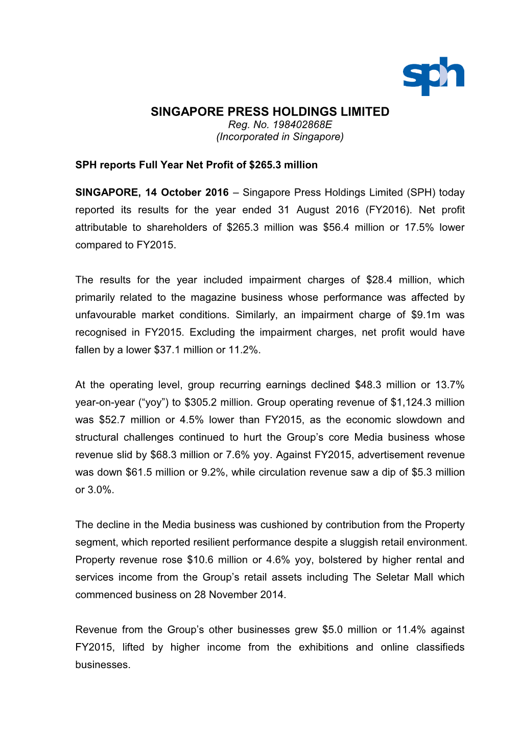 SINGAPORE PRESS HOLDINGS LIMITED Reg