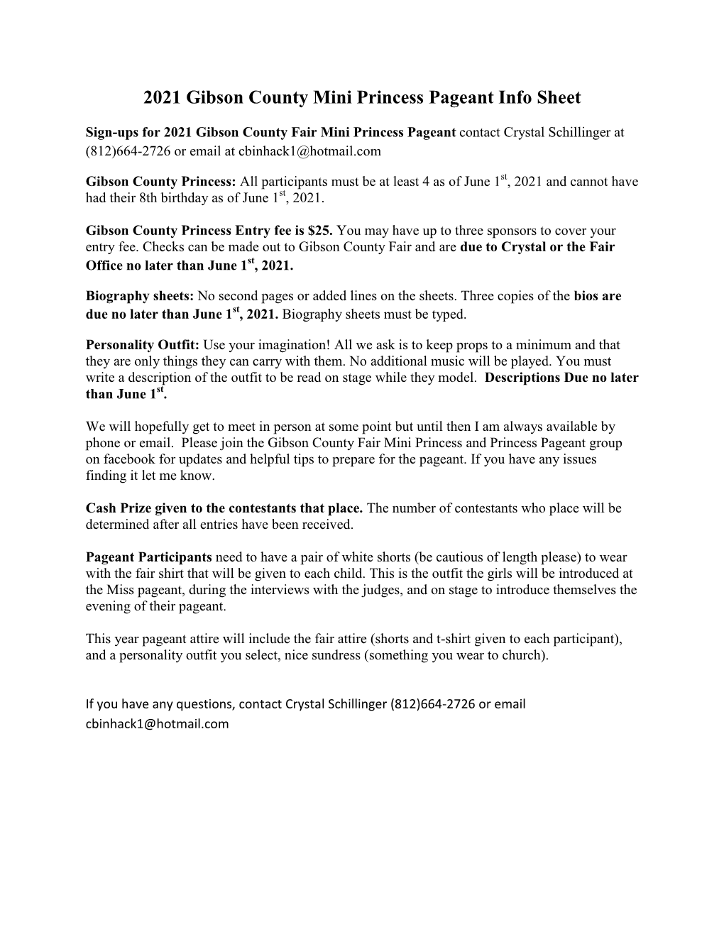 2021 Gibson County Mini Princess Pageant Info Sheet