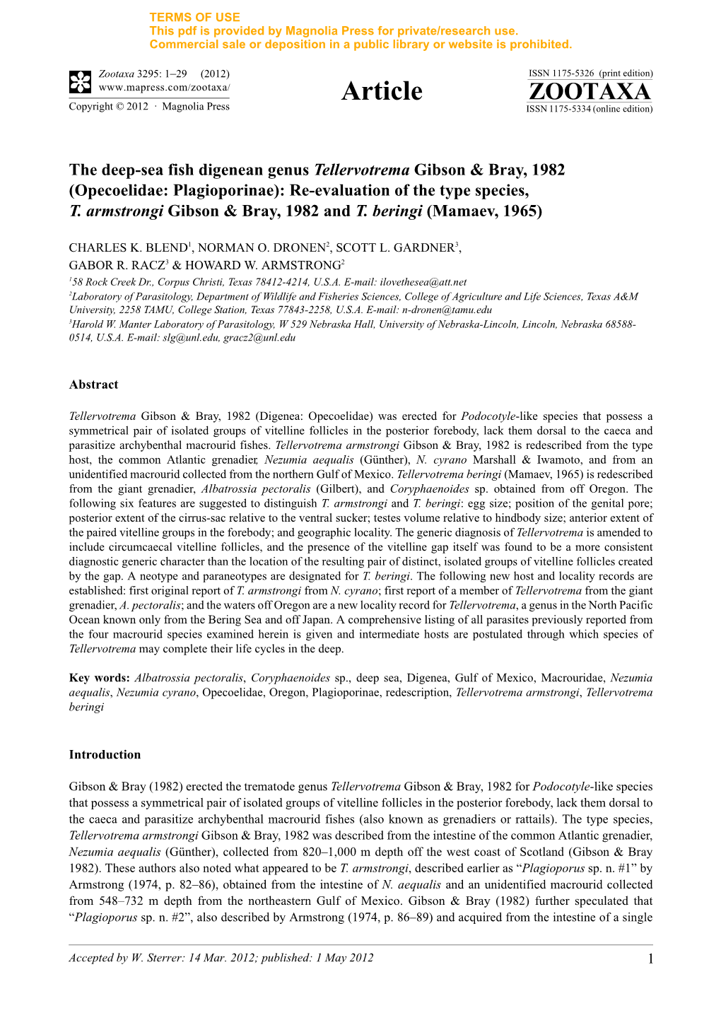 Opecoelidae: Plagioporinae): Re-Evaluation of the Type Species, T