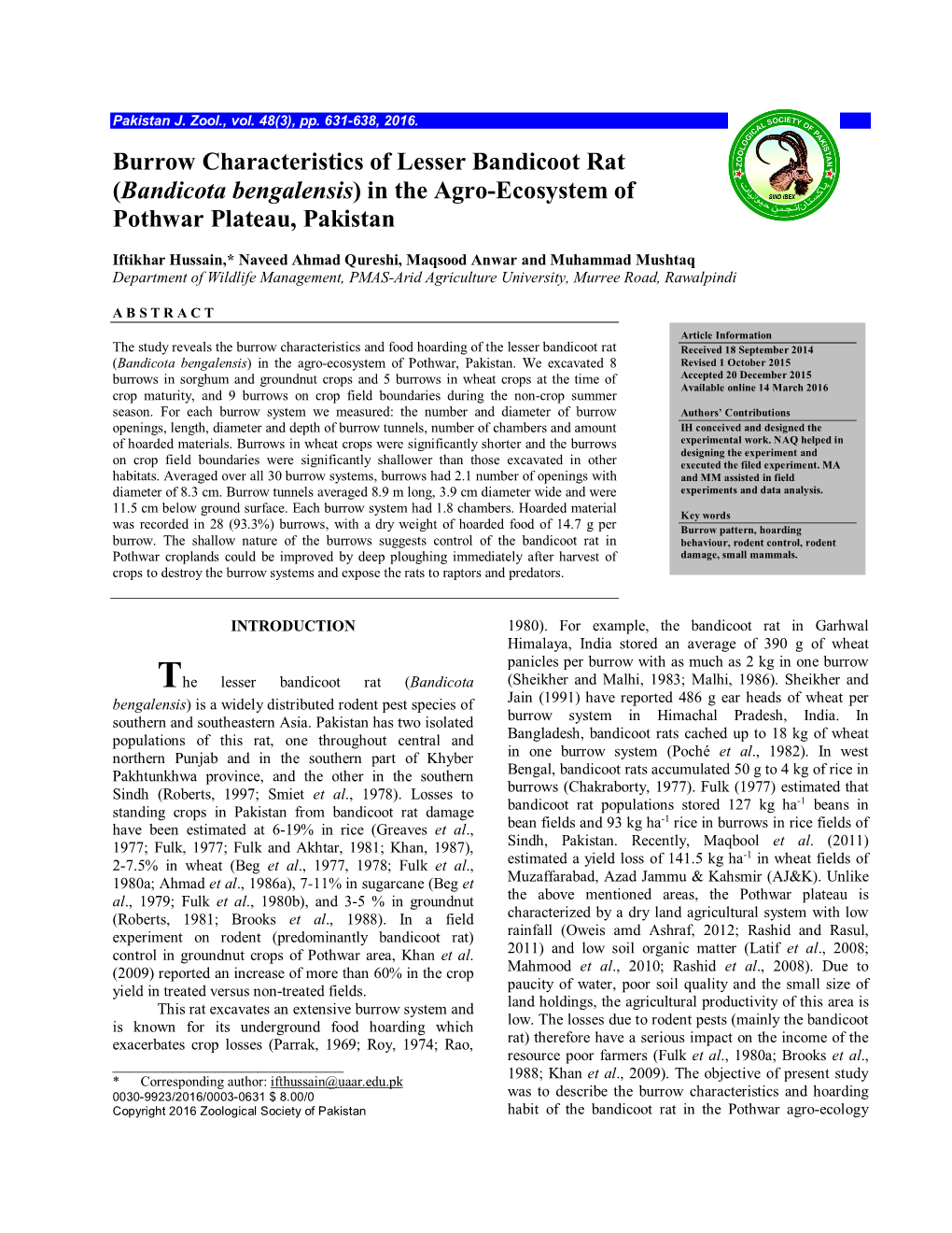 Burrow Characteristics of Lesser Bandicoot Rat (Bandicota Bengalensis) in the Agro-Ecosystem of Pothwar Plateau, Pakistan