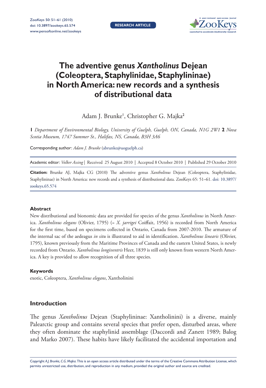 The Adventive Genus Xantholinus Dejean (Coleoptera, Staphylinidae, Staphylininae) in North America: New Records and a Synthesis of Distributional Data