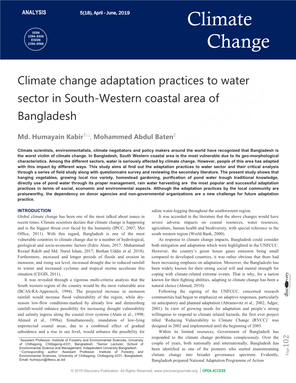 Climate Change Adaptation Practices to Water Sector in South-Western Coastal Area of Bangladesh