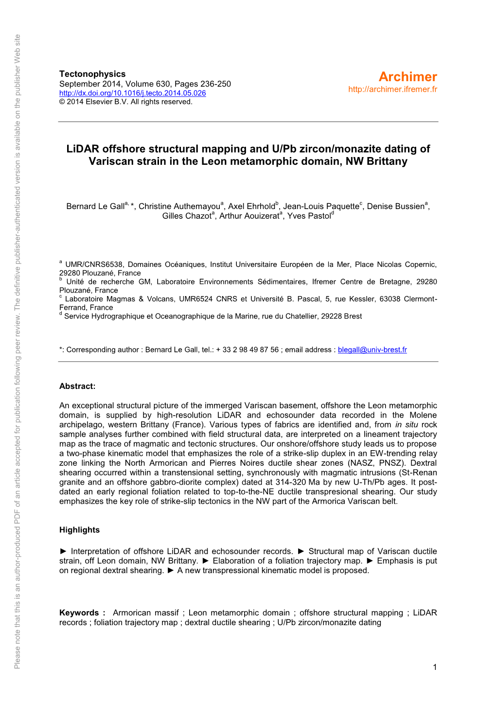 Lidar Offshore Structural Mapping and U/Pb Zircon