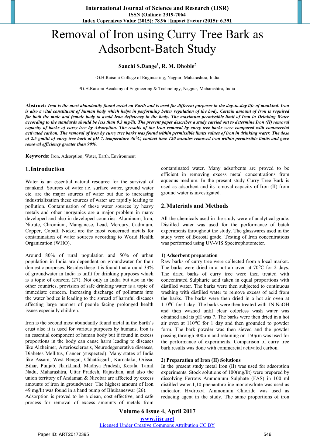 Removal of Iron Using Curry Tree Bark As Adsorbent-Batch Study