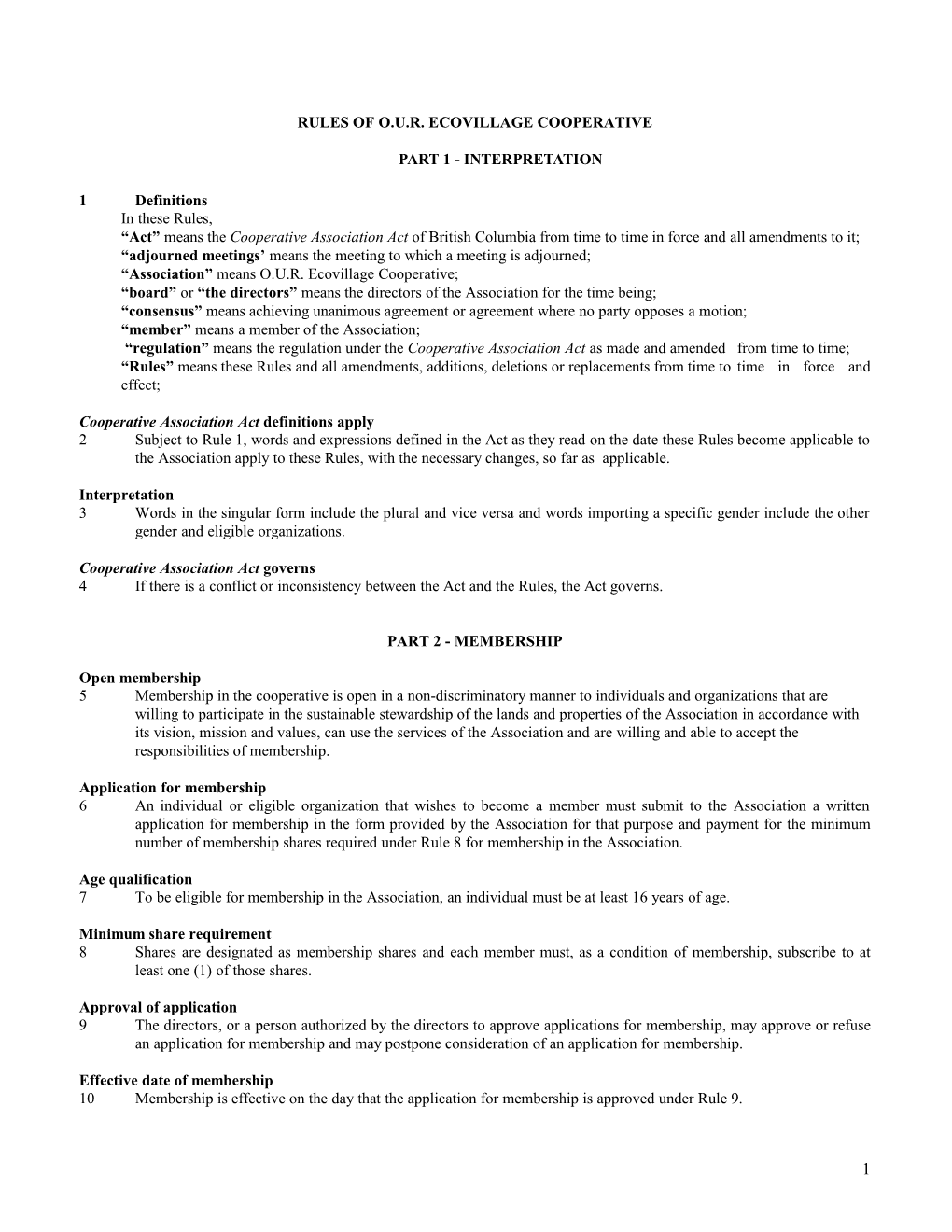 Rules of O.U.R. ECOVILLAGE Co-Operative