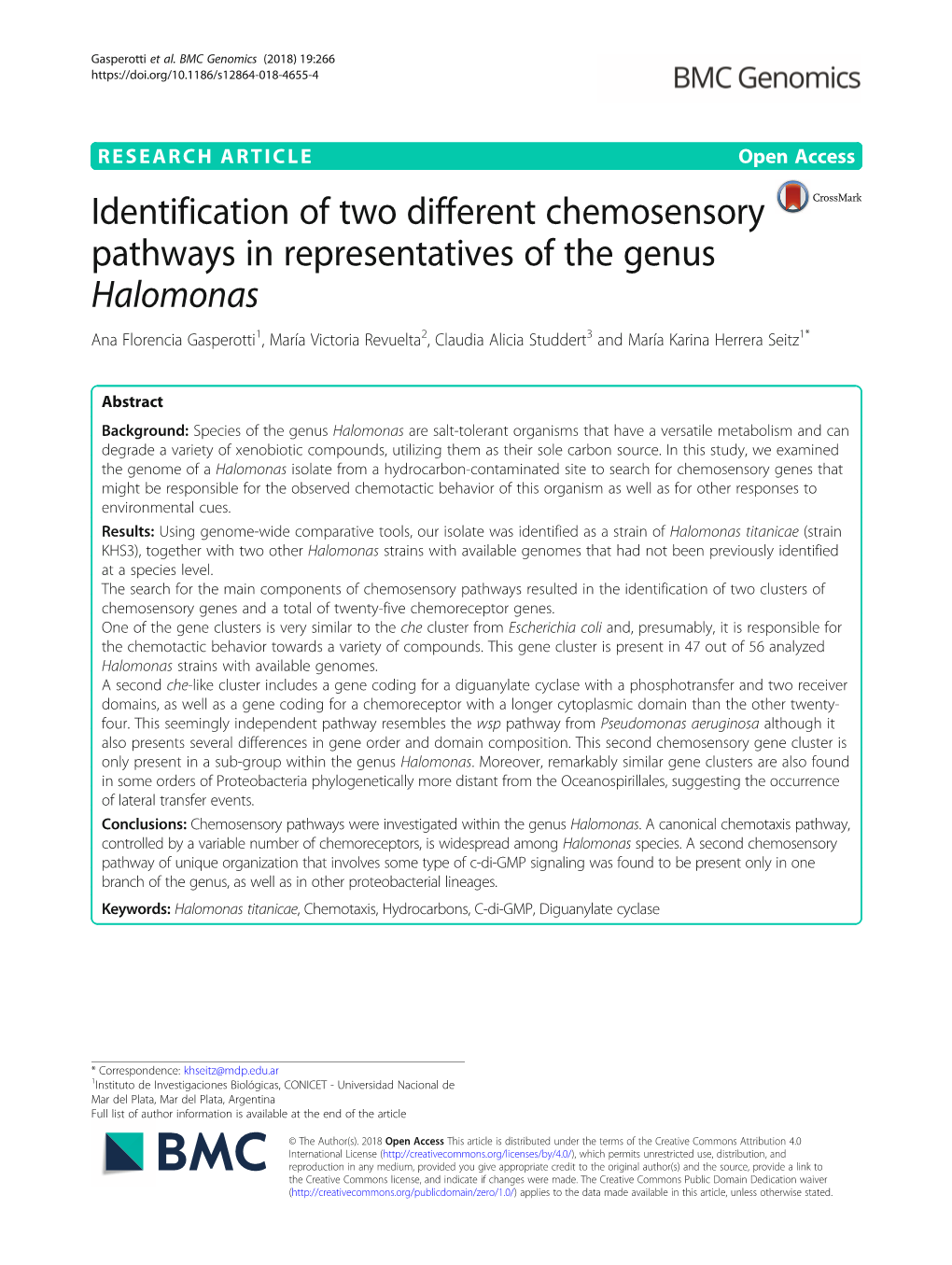 Identification of Two Different Chemosensory Pathways in Representatives of the Genus Halomonas