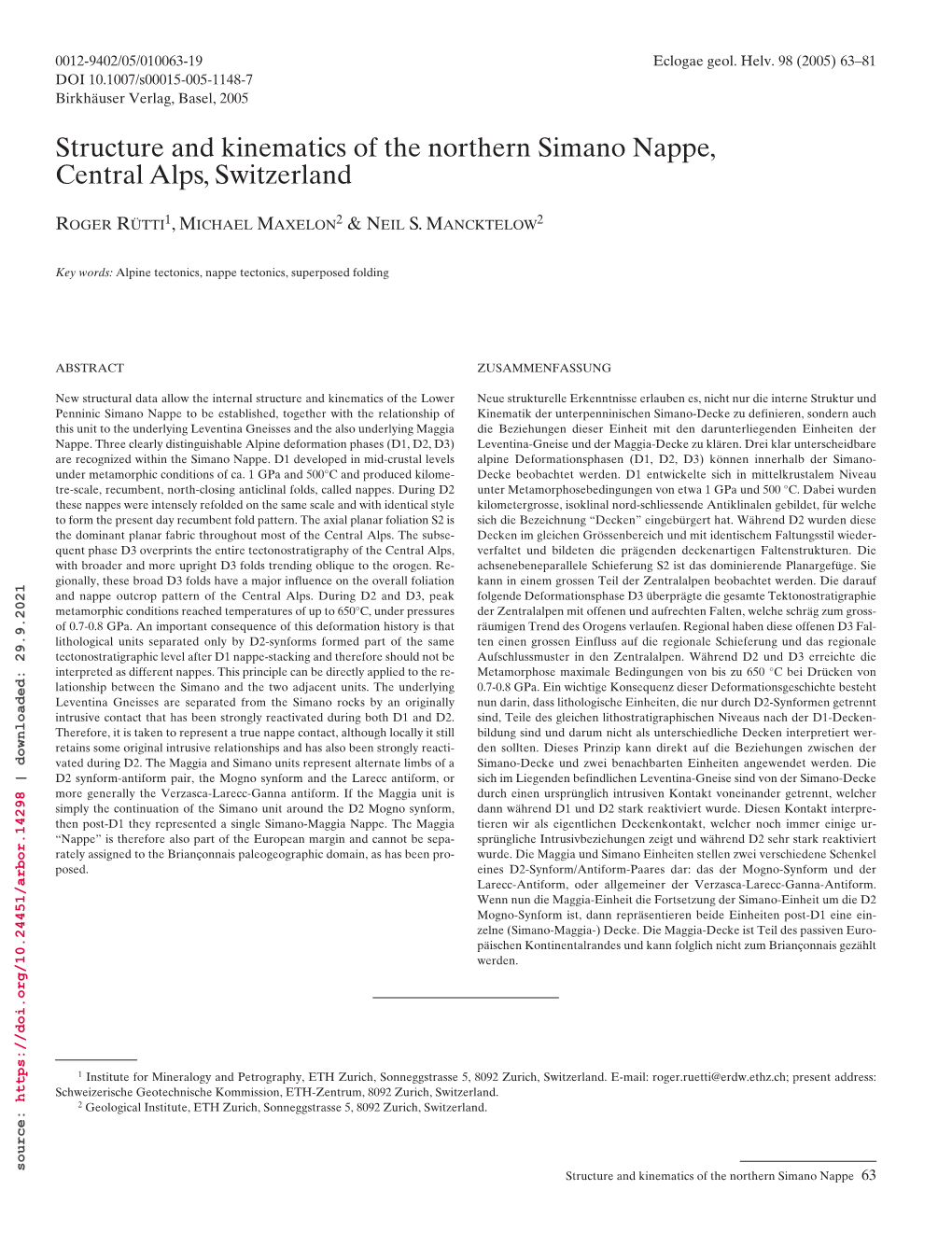 Structure and Kinematics of the Northern Simano Nappe, Central Alps, Switzerland