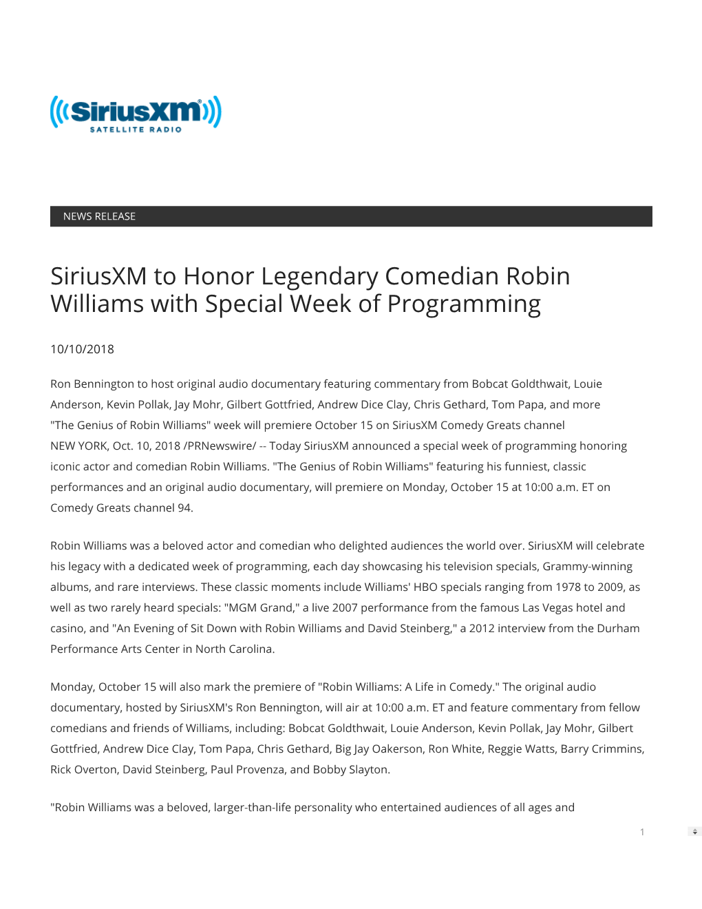 Siriusxm to Honor Legendary Comedian Robin Williams with Special Week of Programming