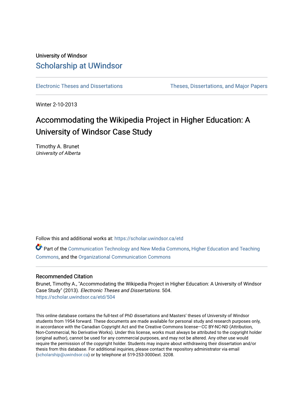 Accommodating the Wikipedia Project in Higher Education: a University of Windsor Case Study