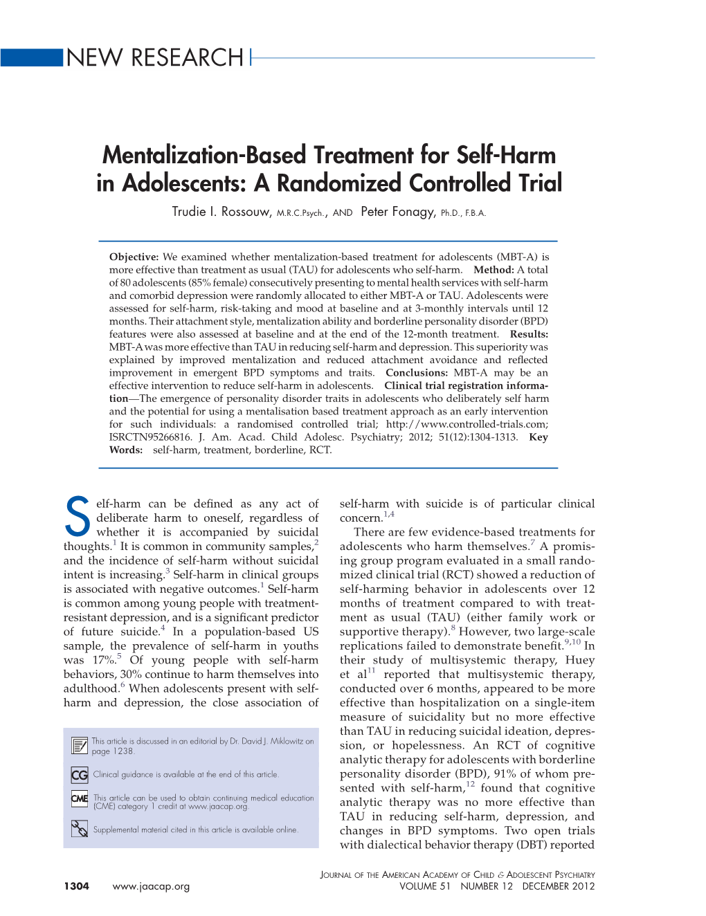 Mentalization-Based Treatment for Self-Harm in Adolescents: a Randomized Controlled Trial