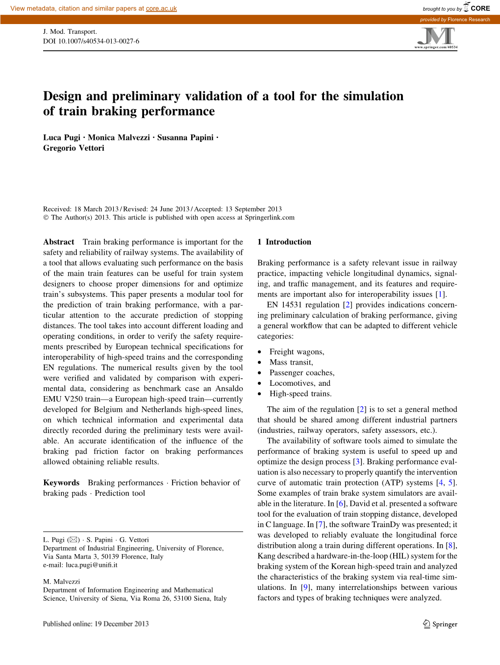 Design and Preliminary Validation of a Tool for the Simulation of Train Braking Performance