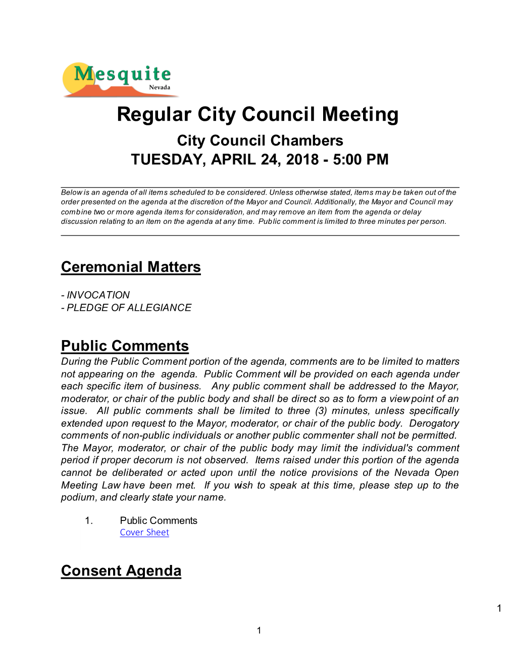 Regular City Council Meeting City Council Chambers TUESDAY, APRIL 24, 2018 - 5:00 PM