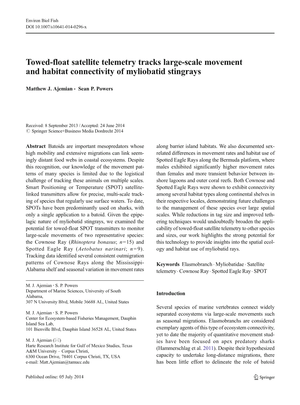 Towed-Float Satellite Telemetry Tracks Large-Scale Movement and Habitat Connectivity of Myliobatid Stingrays