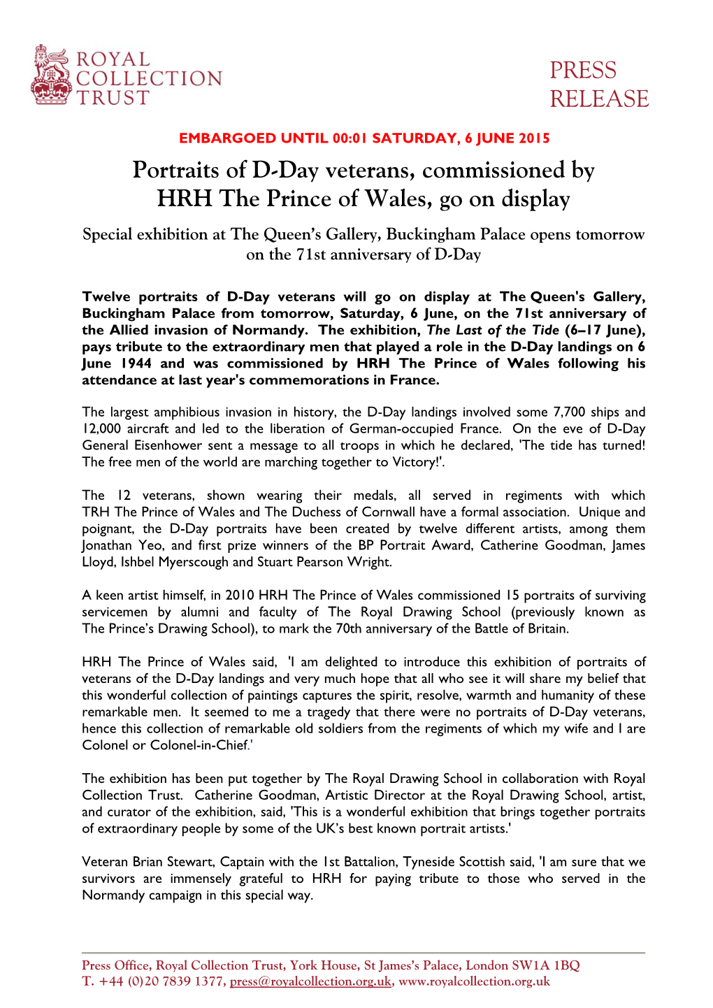 PRESS RELEASE Portraits of D-Day Veterans, Commissioned by HRH