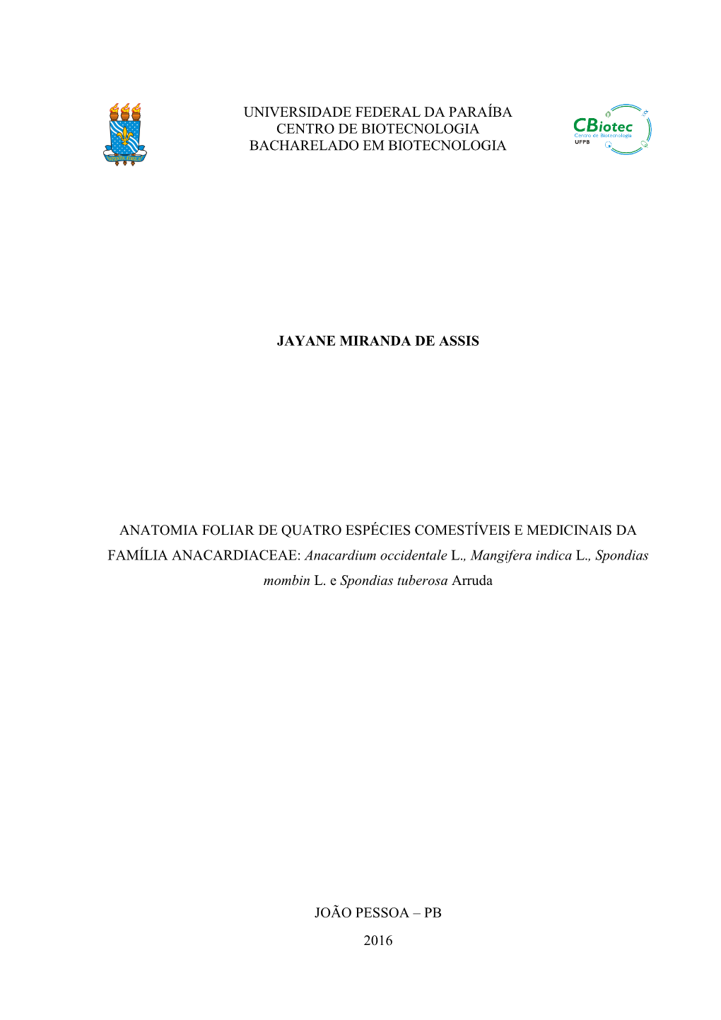 Universidade Federal Da Paraíba Centro De Biotecnologia Bacharelado Em Biotecnologia