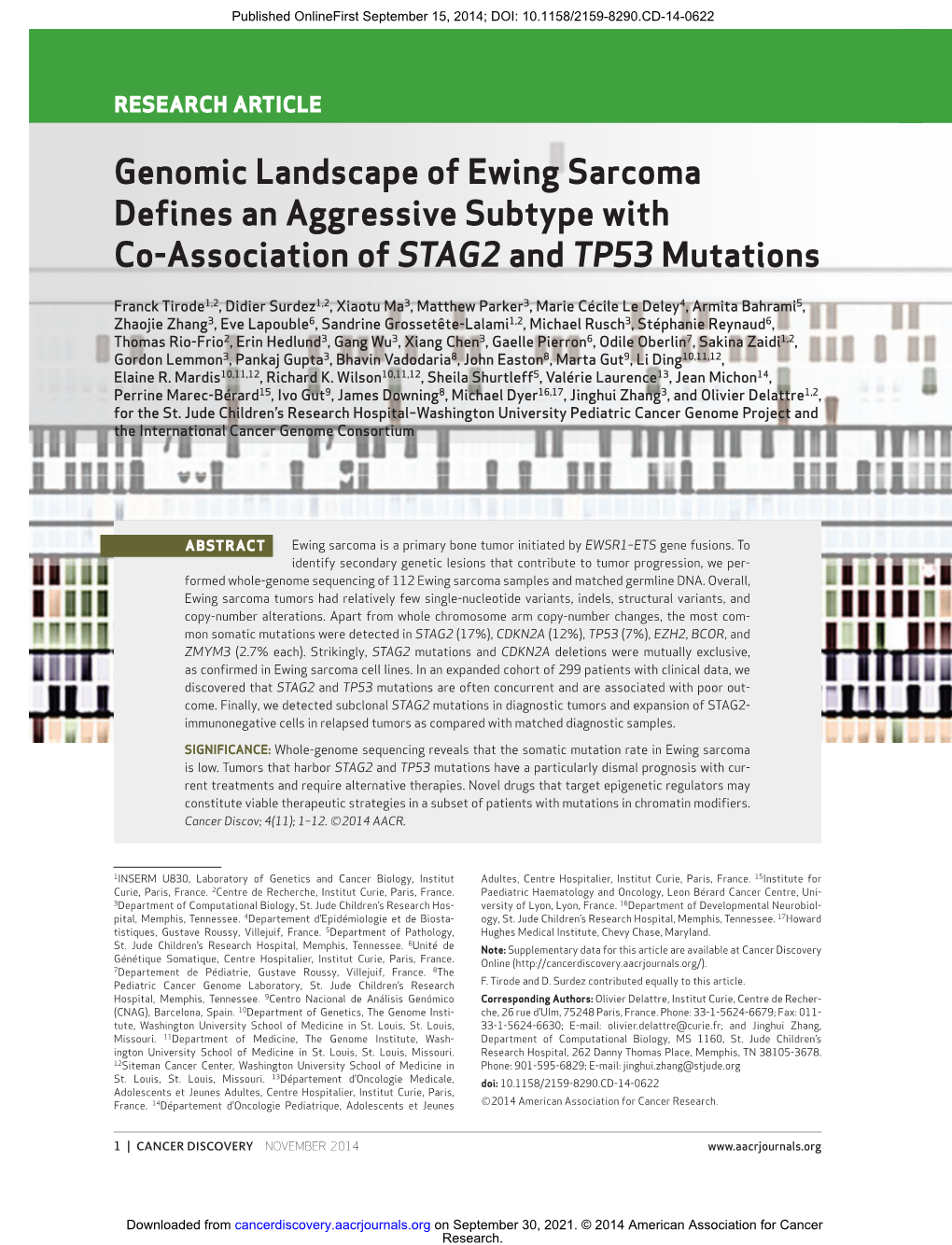 Genomic Landscape of Ewing Sarcoma Defines an Aggressive Subtype with Co-Association of STAG2 and TP53 Mutations