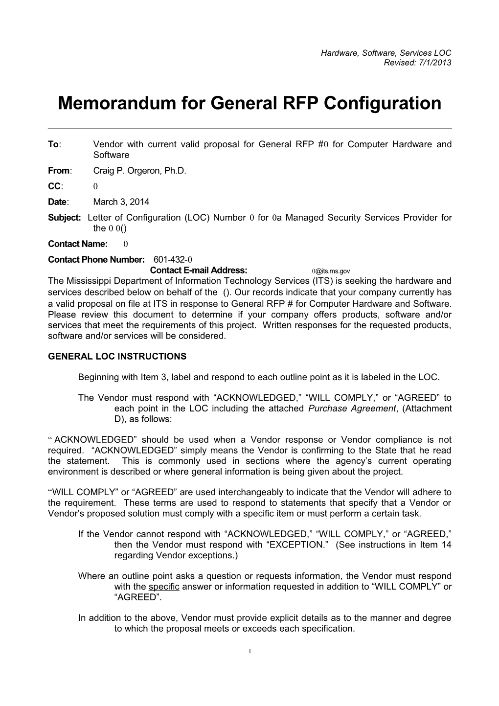 Memorandum for General RFP Configuration s1