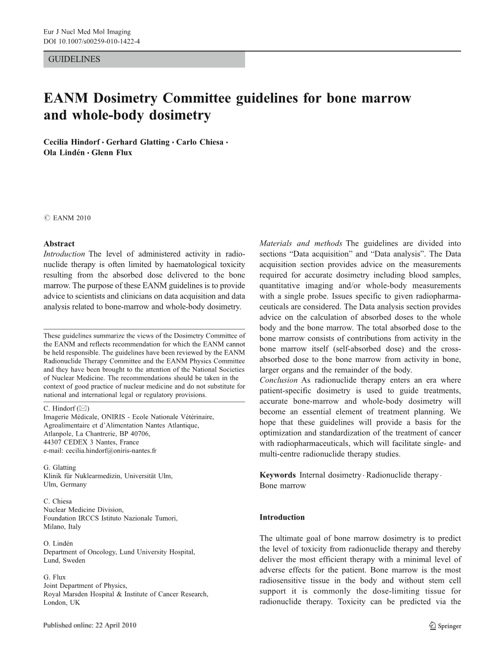 EANM Dosimetry Committee Guidelines for Bone Marrow and Whole-Body Dosimetry
