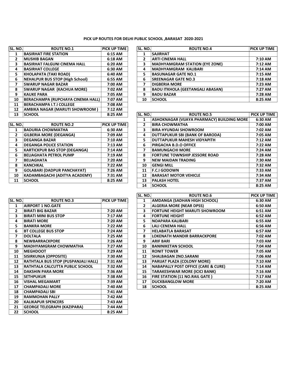 Pick up Routes for Delhi Public School ,Barasat 2020-2021