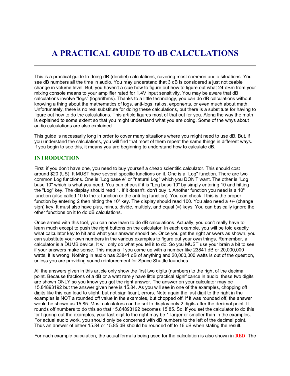 A PRACTICAL GUIDE to Db CALCULATIONS