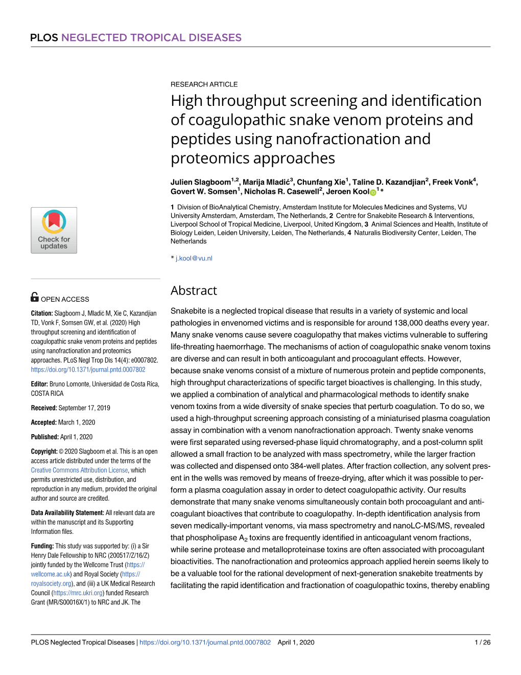 High Throughput Screening and Identification of Coagulopathic Snake Venom Proteins and Peptides Using Nanofractionation and Proteomics Approaches