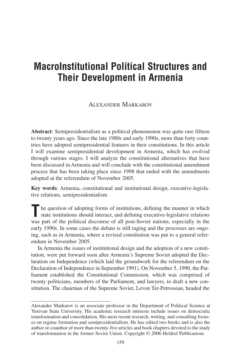 Macroinstitutional Political Structures and Their Development in Armenia