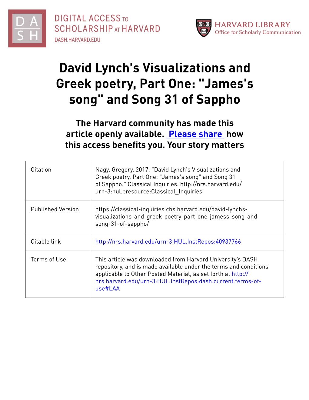 David Lynch's Visualizations and Greek Poetry, Part One: "James's Song" and Song 31 of Sappho