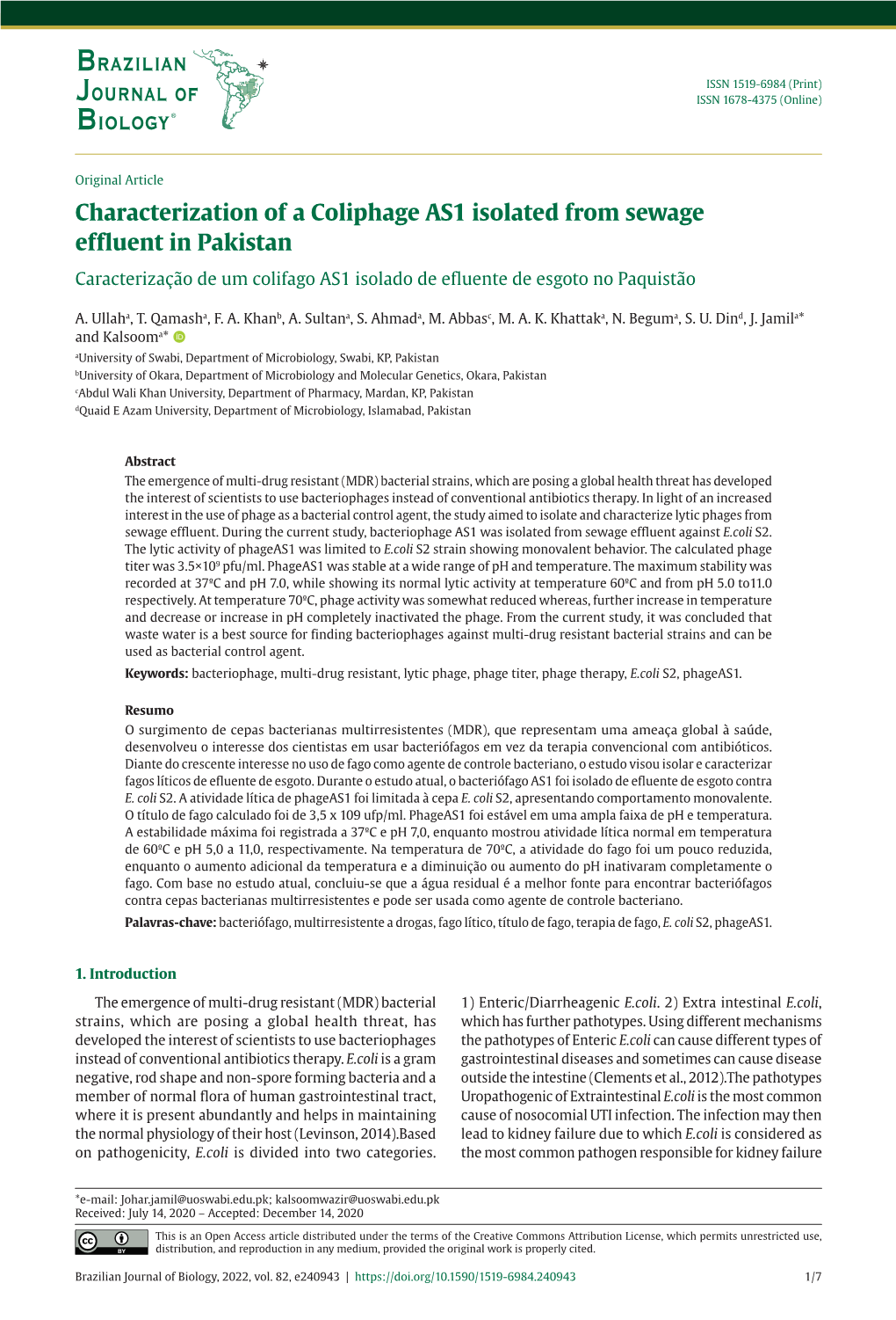 Characterization of a Coliphage AS1 Isolated from Sewage Effluent in Pakistan Caracterização De Um Colifago AS1 Isolado De Efluente De Esgoto No Paquistão