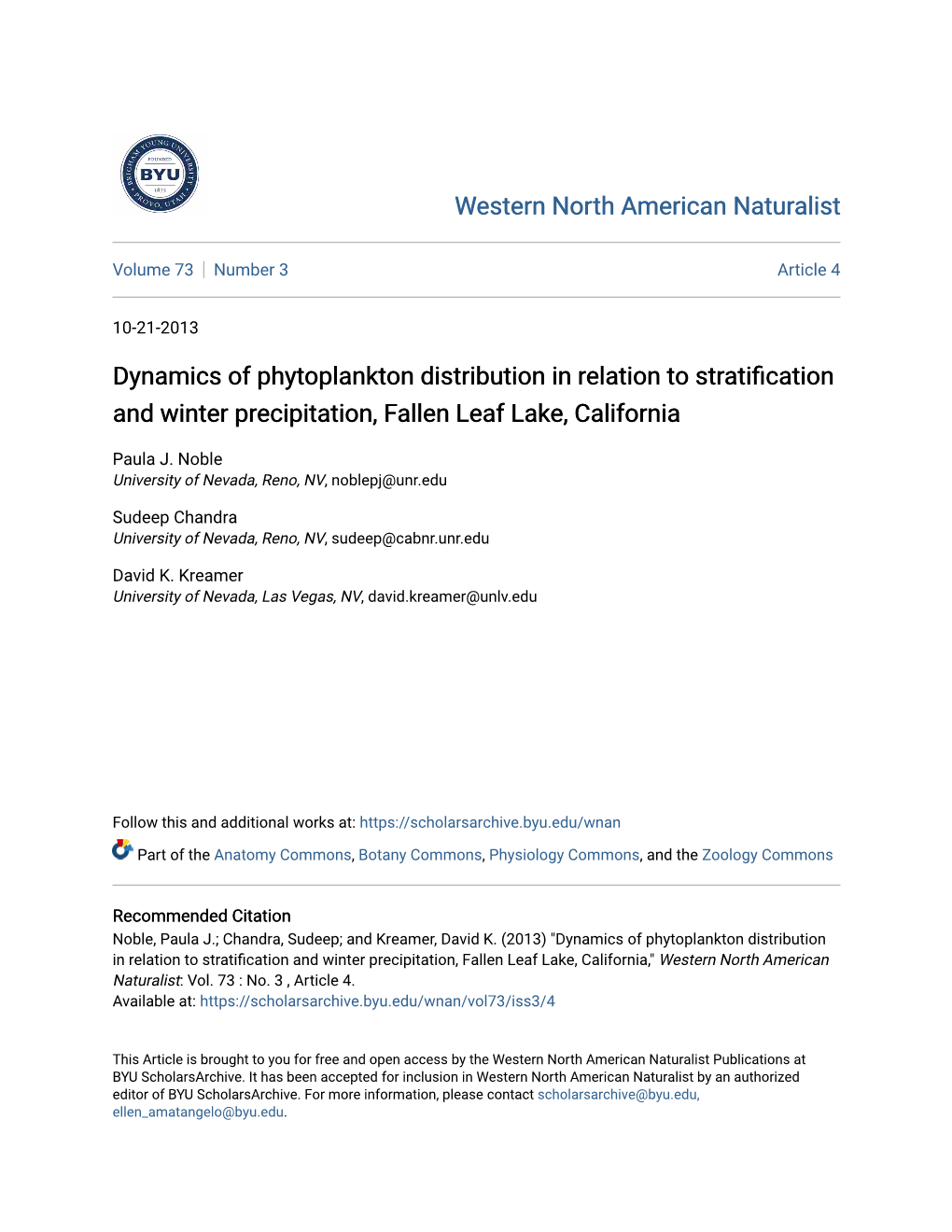Dynamics of Phytoplankton Distribution in Relation to Stratification and Winter Precipitation, Fallen Leaf Lake, California