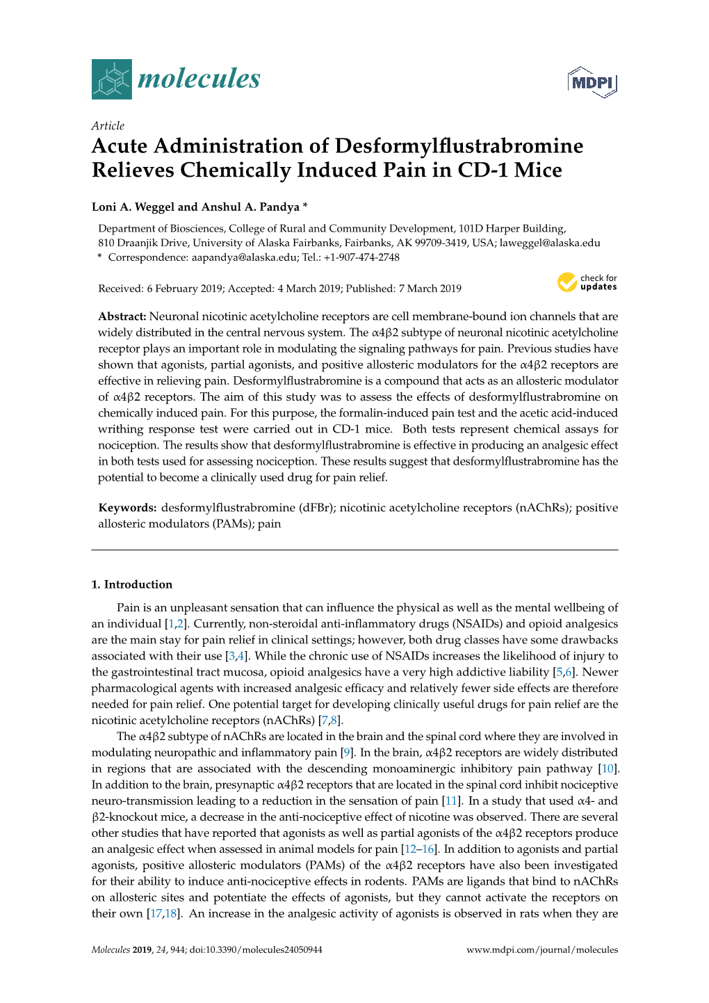 Acute Administration of Desformylflustrabromine Relieves Chemically Induced Pain in CD-1 Mice