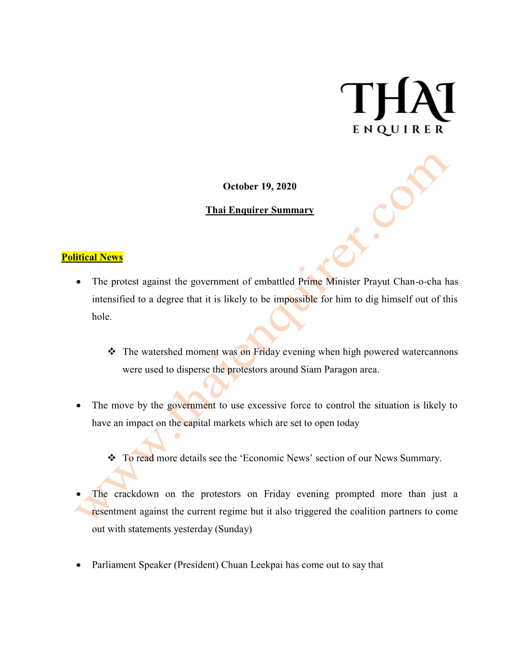 October 19, 2020 Thai Enquirer Summary Political News • The