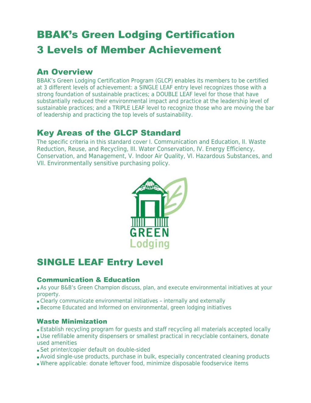 BBAK S Green Lodging Certification