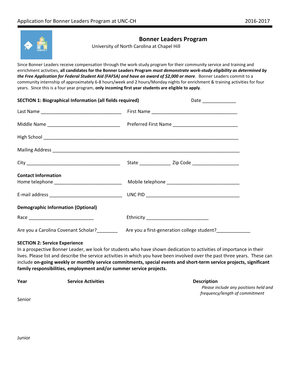 Application for Bonner Leaders Program at UNC-CH 2016-2017