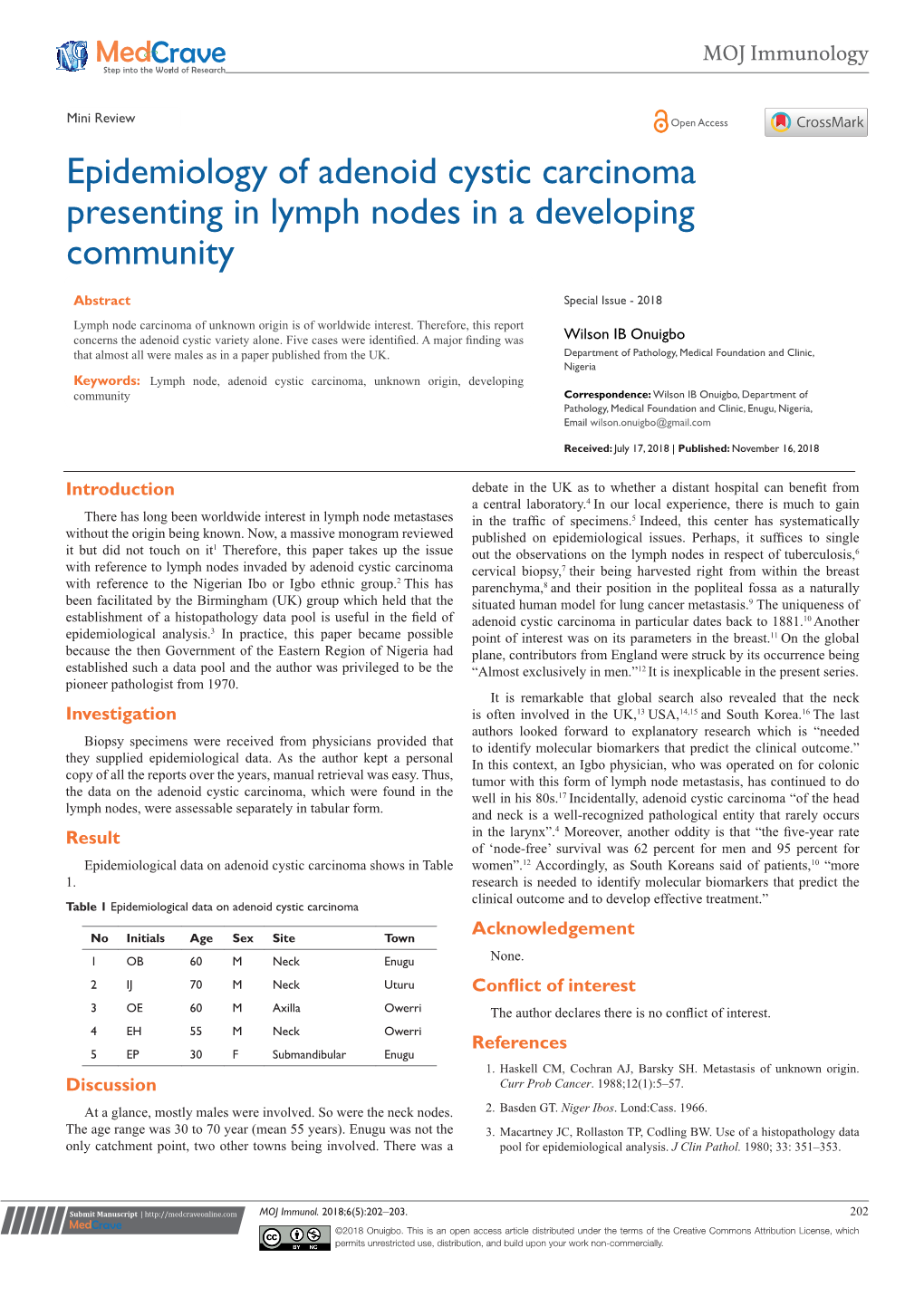 Epidemiology of Adenoid Cystic Carcinoma Presenting in Lymph Nodes in a Developing Community