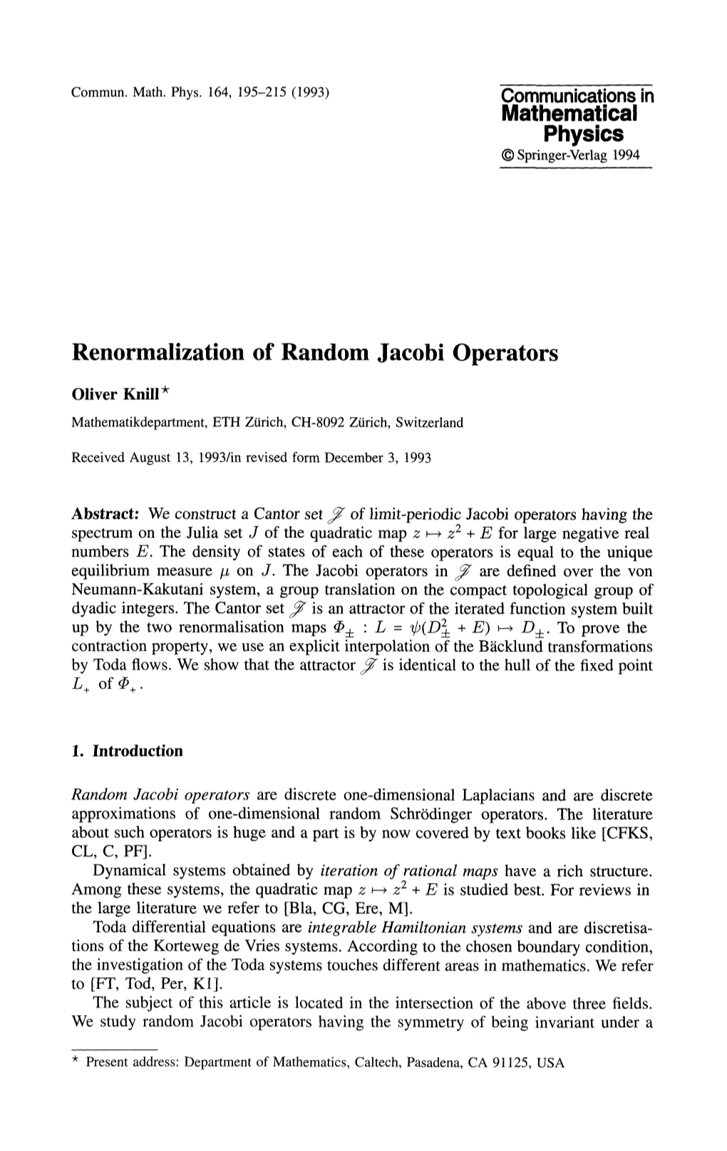 Renormalization of Random Jacobi Operators