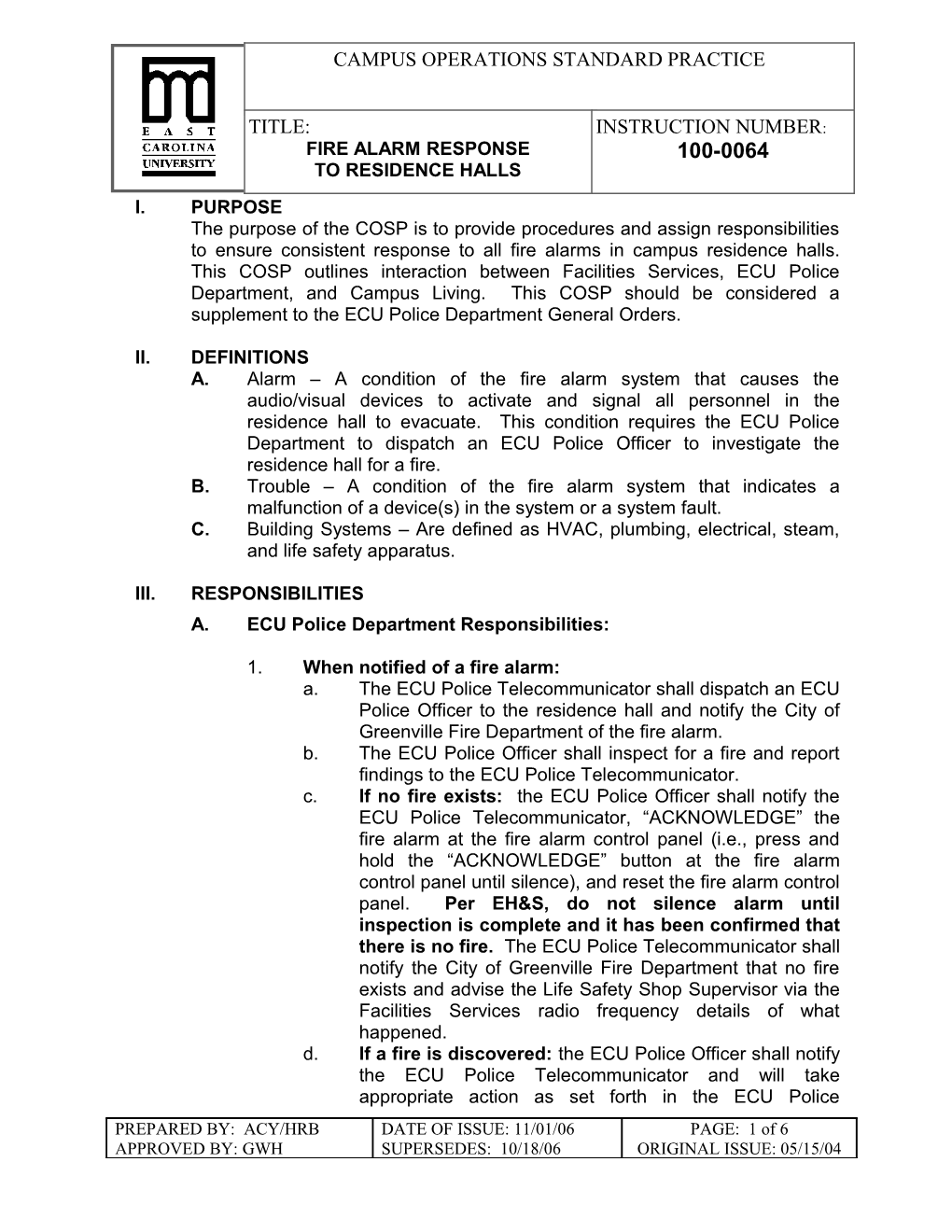 COSP 100-0064; Fire Alarm Response to Residence Halls