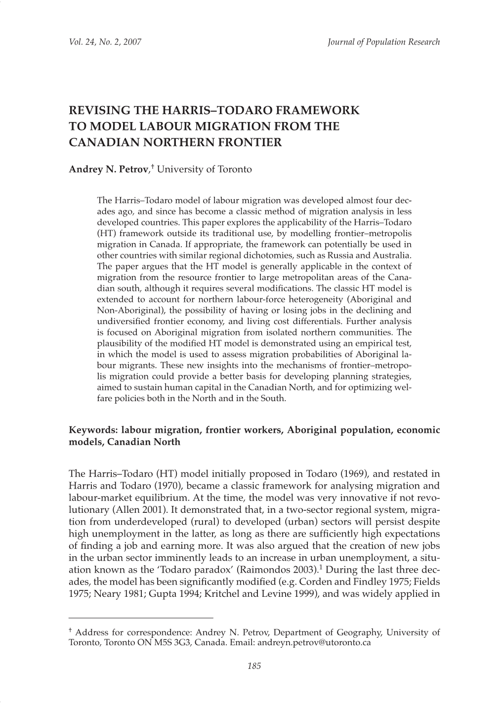 Revising the Harris–Todaro Framework to Model Labour Migration from the Canadian Northern Frontier