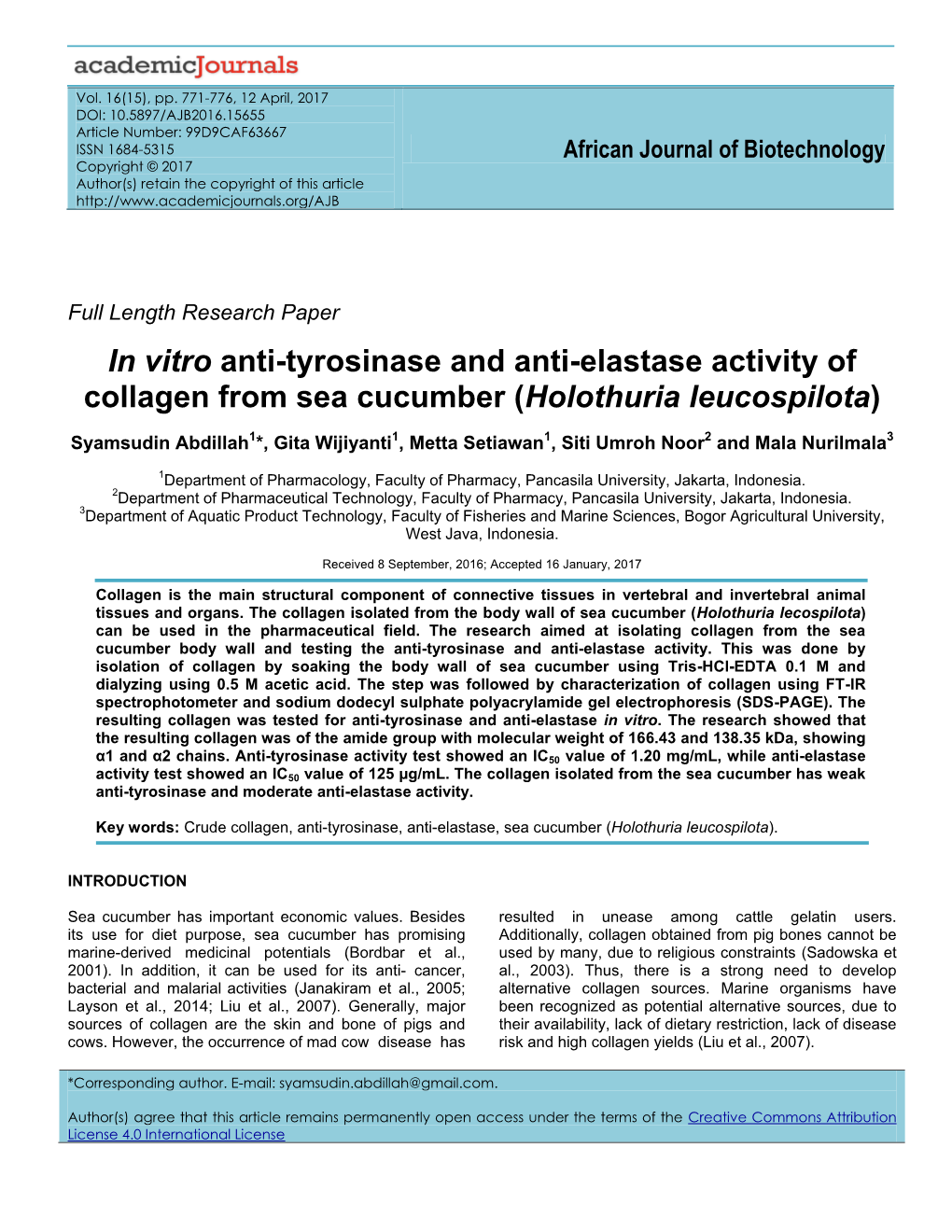 In Vitro Anti-Tyrosinase and Anti-Elastase Activity of Collagen from Sea Cucumber (Holothuria Leucospilota)