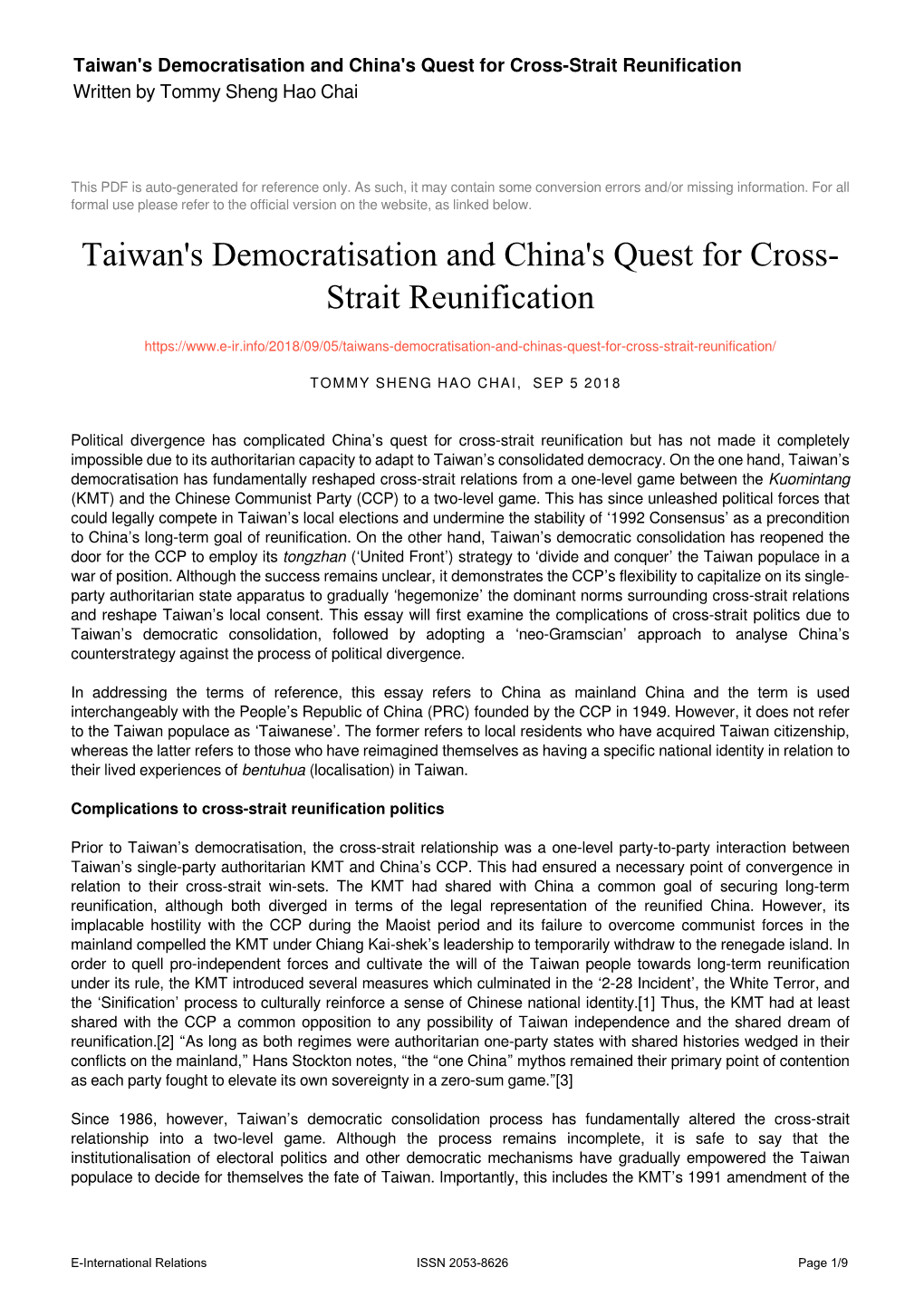 Taiwan's Democratisation and China's Quest for Cross-Strait Reunification Written by Tommy Sheng Hao Chai